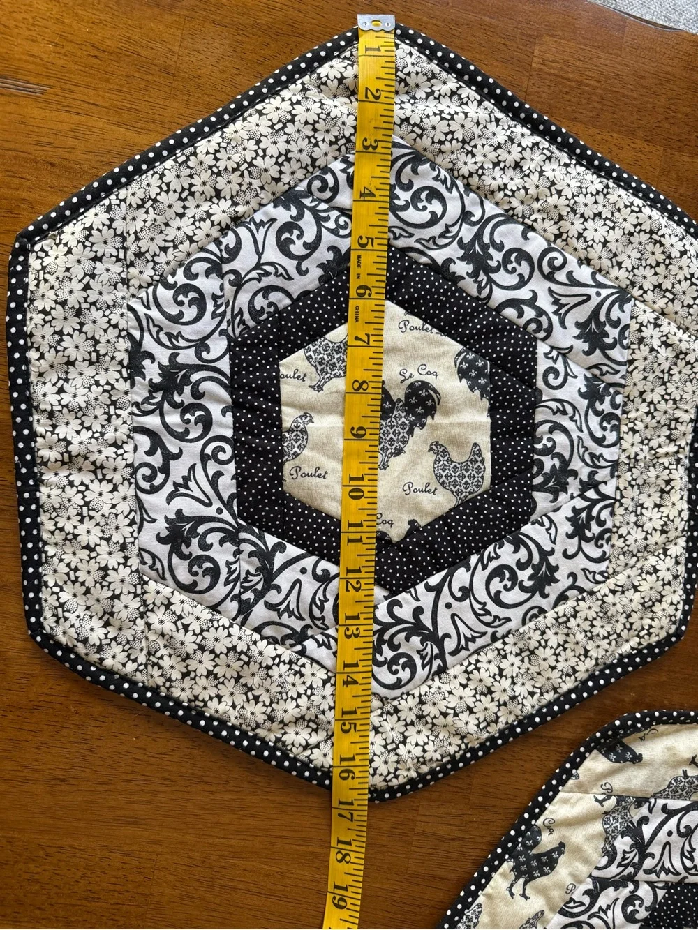 Vintage black white Quilted Chicken Print fabric Table place Mats (set of 3)